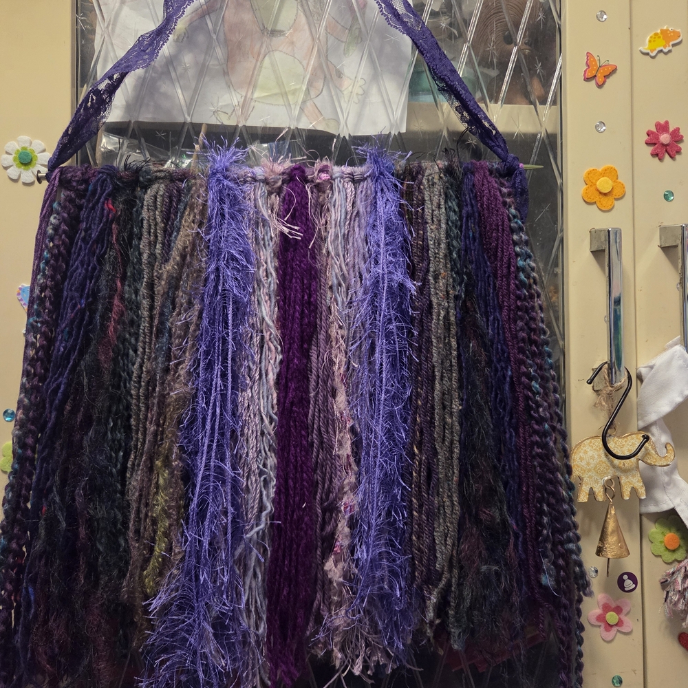 Hand Crafted Purple Layered Yarn Fringe Wall Hanging Upcycled Boho